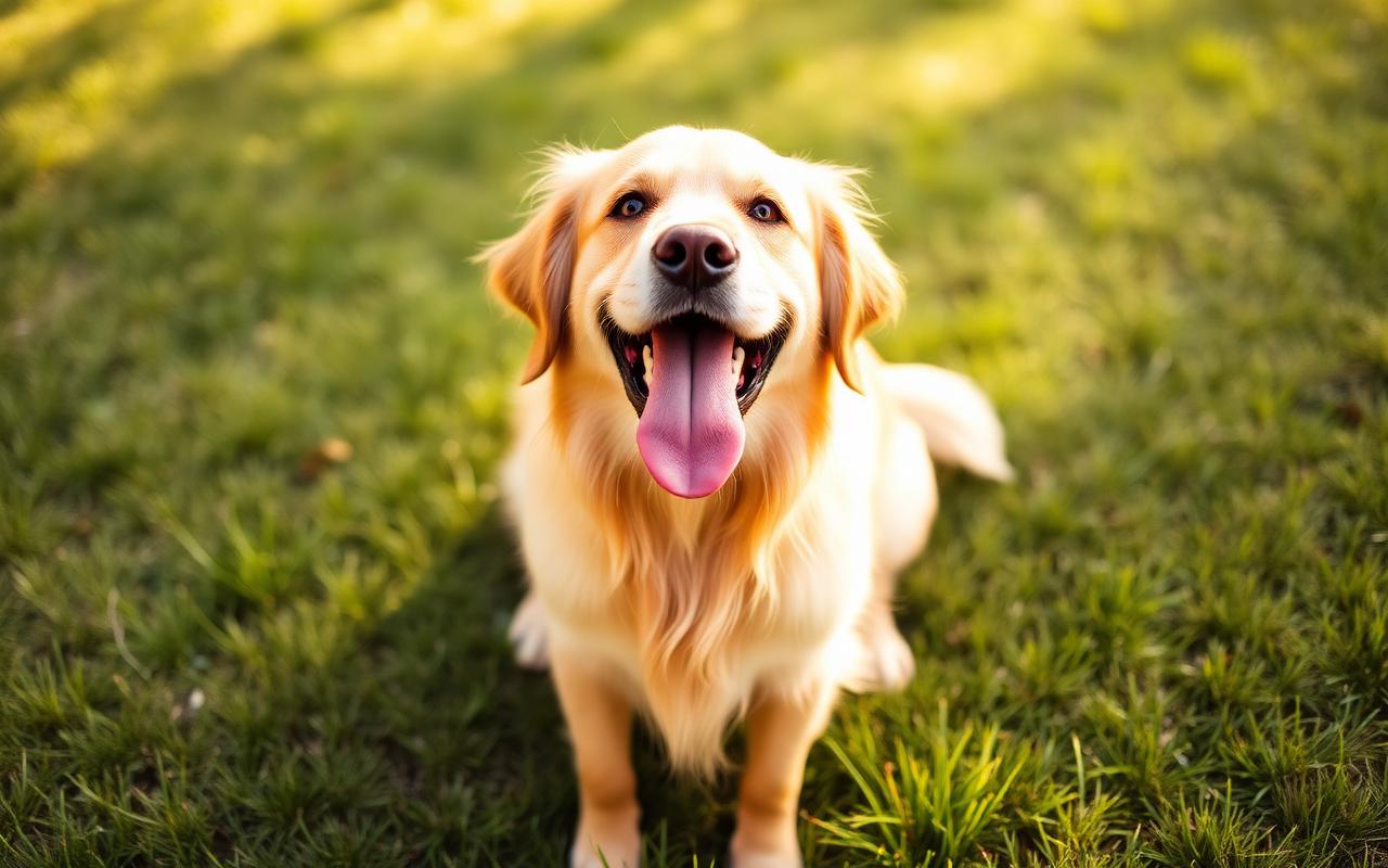 A smiling golden retriever on a sunny lawn
