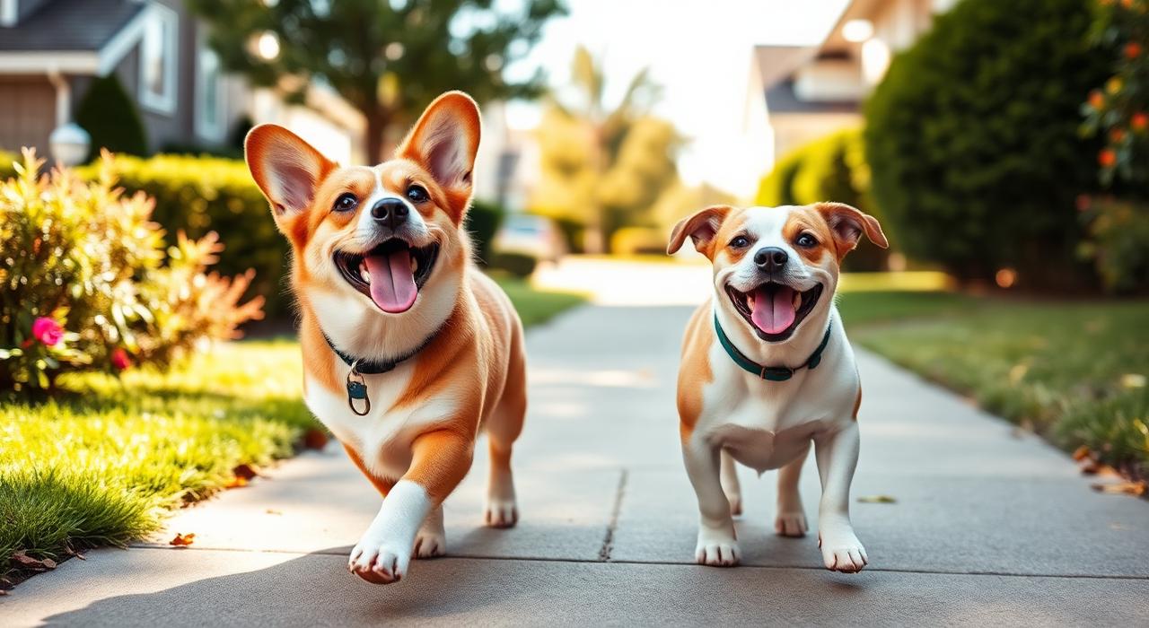 Two joyful dogs walking together on a sunny sidewalk